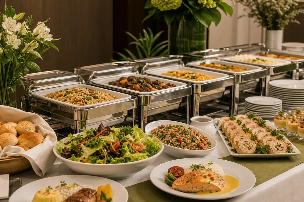 Buffet corporativo con montaje para un evento empresarial